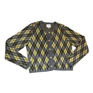 Willow & Wind Argyle Cardigan Sweater Womens Large Grey Yellow Gold Crest Button